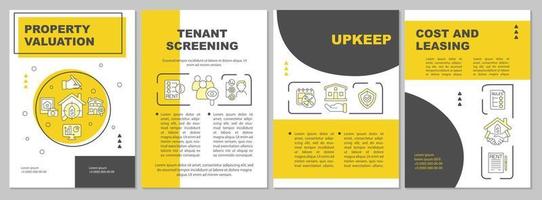 plantilla de folleto amarillo de administración de propiedades. servicio de renta. diseño de impresión de folletos con iconos lineales. diseños vectoriales para presentación, informes anuales, anuncios. arial, innumerables fuentes pro-regulares utilizadas vector