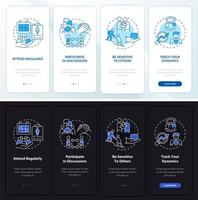 Going to therapy night and day mode onboarding mobile app screen. Walkthrough 4 steps graphic instructions pages with linear concepts. UI, UX, GUI template vector