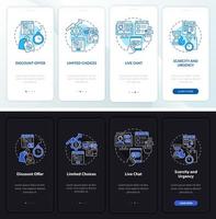 Landing page night and day mode onboarding mobile app screen. Ads walkthrough 4 steps graphic instructions pages with linear concepts. UI, UX, GUI template. vector