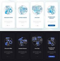 pantalla de aplicación móvil de incorporación de modo día y noche de la página de inicio. tutorial de anuncios páginas de instrucciones gráficas de 4 pasos con conceptos lineales. interfaz de usuario, ux, plantilla de interfaz gráfica de usuario. vector