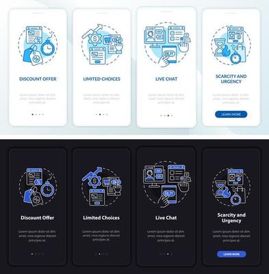 Landing page night and day mode onboarding mobile app screen. Ads walkthrough 4 steps graphic instructions pages with linear concepts. UI, UX, GUI template.