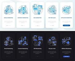 estrategias de marketing en modo día y noche incorporando la pantalla de la aplicación móvil. tutorial de anuncios páginas de instrucciones gráficas de 5 pasos con conceptos lineales. interfaz de usuario, ux, plantilla de interfaz gráfica de usuario. vector