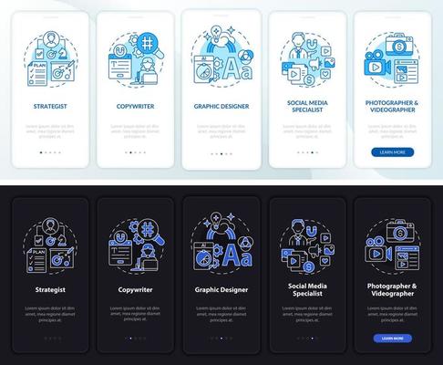 Marketing specialists night and day mode onboarding mobile app screen. Ad walkthrough 5 steps graphic instructions pages with linear concepts. UI, UX, GUI template.