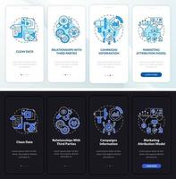 Online ad platform night and day mode onboarding mobile app screen. Promo walkthrough 4 steps graphic instructions pages with linear concepts. UI, UX, GUI template.
