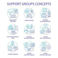 conjunto de iconos de concepto de degradado azul de grupos de apoyo. ideas de terapia en línea ilustraciones en color de línea delgada. aprender estrategias de afrontamiento. dibujos de contorno aislados