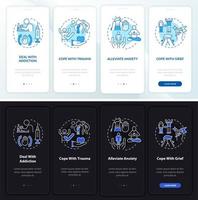 Emotional support night and day mode onboarding mobile app screen. Walkthrough 4 steps graphic instructions pages with linear concepts. UI, UX, GUI template vector