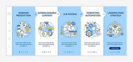 Digital marketing strategies blue and white onboarding template. Online promo. Responsive mobile website with linear concept icons. Web page walkthrough 5 step screens.