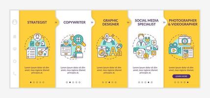 Digital marketing professions yellow onboarding template. Content making. Responsive mobile website with linear concept icons. Web page walkthrough 5 step screens. vector