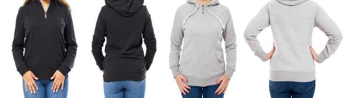 grey and black hoodie set front and back view isolated on white background - hood mock up photo