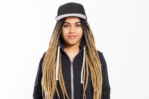 portrait young female hipster with cap and dreadlocks isolated on white background photo