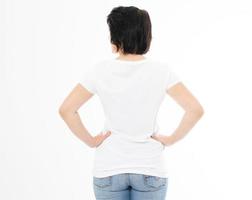 Back view - woman in white t-shirt isolated mock up, copy space, empty tshirt. Girl in t shirt. photo