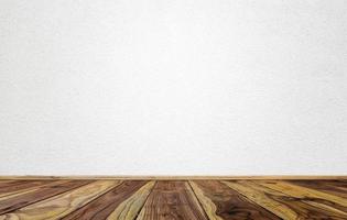 Empty interior room with white cement wall texture and brown wooden floor pattern. Concept interior vintage style photo