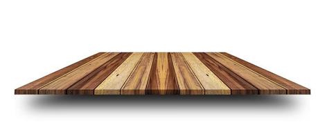 parte superior vacía de la mesa de madera o mostrador aislado sobre fondo blanco. para exhibición o diseño de productos foto