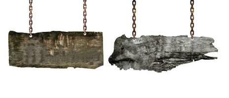 Old empty wooden signs hanging on chain isolated on white background. photo