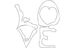 Love lettering vector design. Love outline, line art illustration. Kissing faces abstract illustration. Callygraphy love lettering with black thin line isolated on white background.