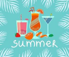 Set Of Summer Cocktails With Summer Lettering Vector Illustration In Flat Style