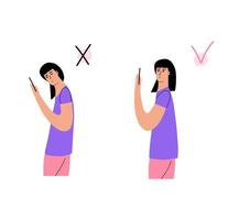 An example of correct and incorrect neck posture. The girl looks at the phone. Vector illustration in a flat style.