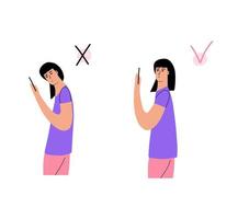 An example of correct and incorrect neck posture. The girl looks at the phone. Vector illustration in a flat style.