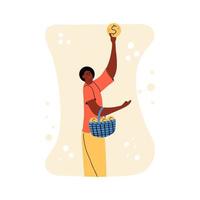 An African American woman holds a basket of money in one hand and a gold coin in the other. Cashback concept, money saving, businesswoman. Vector illustration in flat style