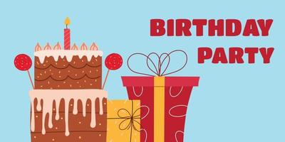 banner de cumpleaños de diseño plano con pastel y velas. ilustración vectorial