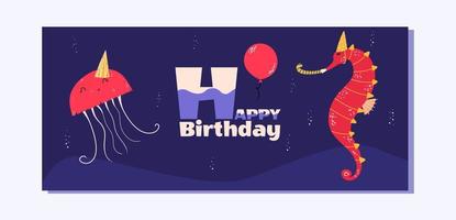 Flat design holiday banner with jellyfish and seahorse. Vector illustration