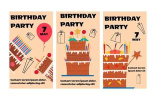 diseño de tarjetas de cumpleaños con deliciosos pasteles con velas. ilustración vectorial, plantilla. vector