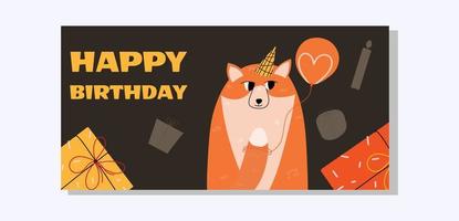 Birthday design template in flat style with fox. Vector illustration