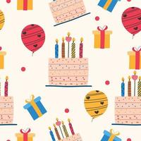 Seamless pattern for a birthday with a cake, balloons and a gift. Vector illustration in flat style