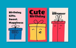 Flat design set of birthday cards with cute holiday boxes. Vector illustration