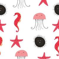 Seamless pattern with urchin, seahorse, starfish. Vector illustration in flat style