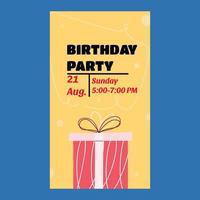 invitación de cumpleaños de diseño plano con caja de regalo. ilustración vectorial en estilo plano vector