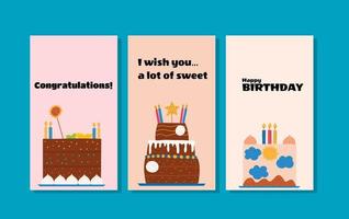 conjunto dibujado a mano de plantillas de cumpleaños con pasteles. ilustración vectorial vector