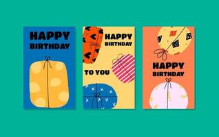 Set of flat stylish birthday cards with holiday boxes. Vector hand drawn illustration