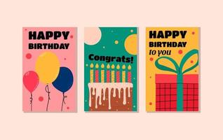 Flat stylish birthday card design. Set of greeting templates with balloons, cake and gift. Vector illustration