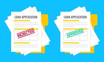 formularios de crédito o préstamo rechazados y aprobados con formulario de reclamación, hojas de papel aisladas en fondo azul vector