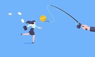Fishing money chase business concept with businesswoman running after dangling dollar and trying to catch it. vector