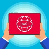 Hands holding tablet device with 360 degrees angle icon sign on the screen outline flat design style vector illustration isolated on blue background. Symbol of 360 degrees VR videos, photo and games.