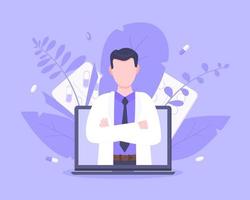 concepto de servicio médico médico en línea con médico en la ilustración de vector de computadora portátil.