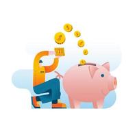 A man in casual clothes throws money into a piggy bank vector