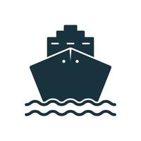 Black Cruise Ship Silhouette Icon. Cargo Boat Pictogram. Ocean Vessel Icon in Front View. Marine Sign for Freight, Distribution, Passenger Travel. Sea Transport Symbol. Isolated Vector Illustration.