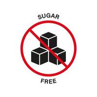 Sugar Free Silhouette Black Icon. Food No Added Sugar with Red Stop Sign. Glucose Forbidden Symbol. Zero Glucose Guarantee Logo. No Sugar for Diabetic Product Label. Isolated Vector Illustration.