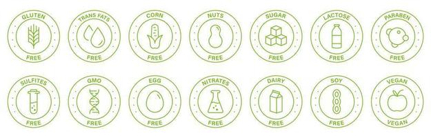 Free Gluten, Soy, Lactose, Dairy, Transfat, Egg, Paraben, Nut, Nitrates, Corn and Sugar Line Green Stamp. Allergy Ingredients Label Set. Diet Vegan Food Outline Symbol. Isolated Vector Illustration.