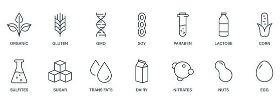 Sugar, Corn, GMO, Dairy, Nitrates, Trans Fat, Soy, Milk, Egg, Paraben, Gluten and Nuts Sign Set. Vegan Food Product Outline Icon. Organic Allergy Ingredient Line Black Icon. Vector Illustration.