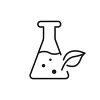 matraz de vidrio con icono de línea de planta de hoja. ciencia química experimento de investigación natural logotipo lineal. signo de bio laboratorio de naturaleza. símbolo libre de parabenos. trazo editable. ilustración vectorial aislada. vector