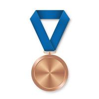 Medalla deportiva de bronce para ganadores con cinta azul. vector