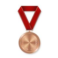 Medalla deportiva de bronce para ganadores con cinta roja. vector