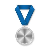 Silver award sport medal for winners with blue ribbon vector