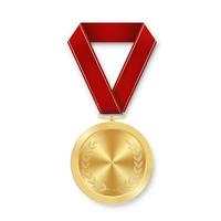 Golden award sport medal for winners with red ribbon