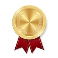 Golden award sport medal for winners with red ribbon vector