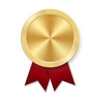 Medalla deportiva de premio dorado para ganadores con cinta roja. vector